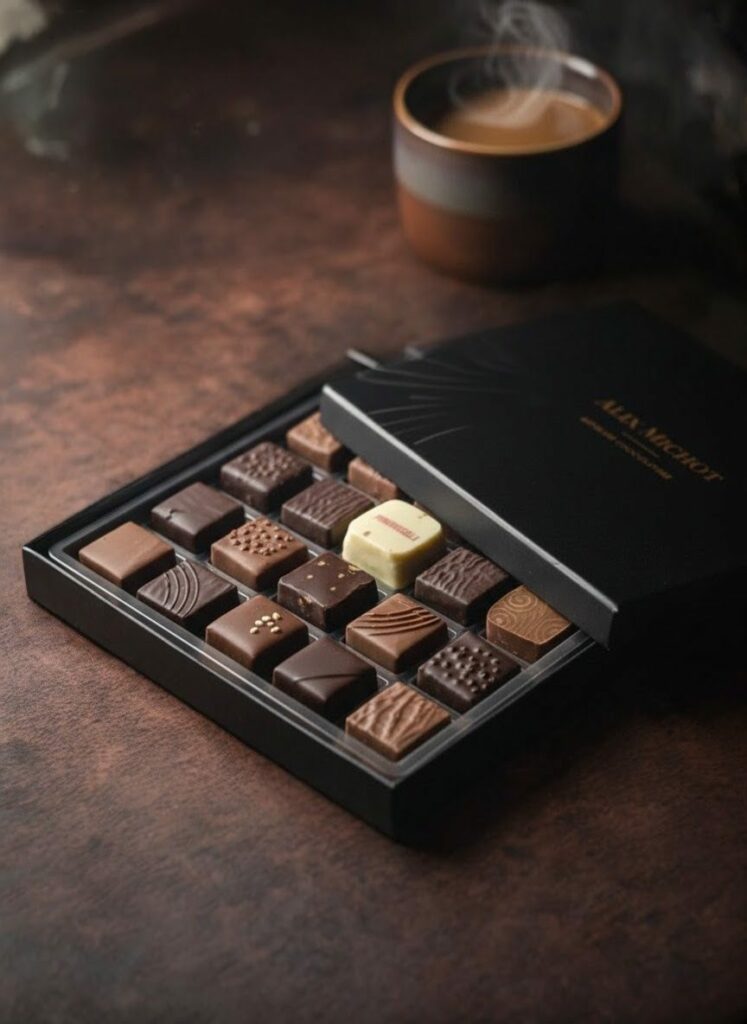 Boîte de chocolats ouverte à côté d'une tasse de café fumante