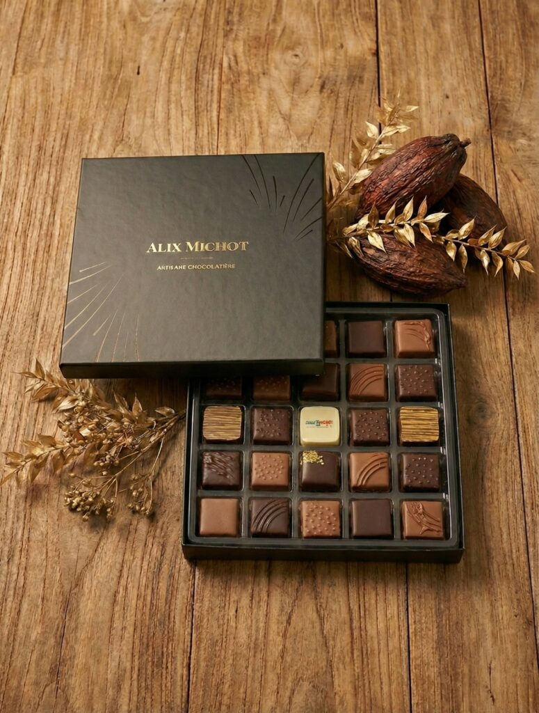 Coffret de chocolats avec le couvercle ouvert